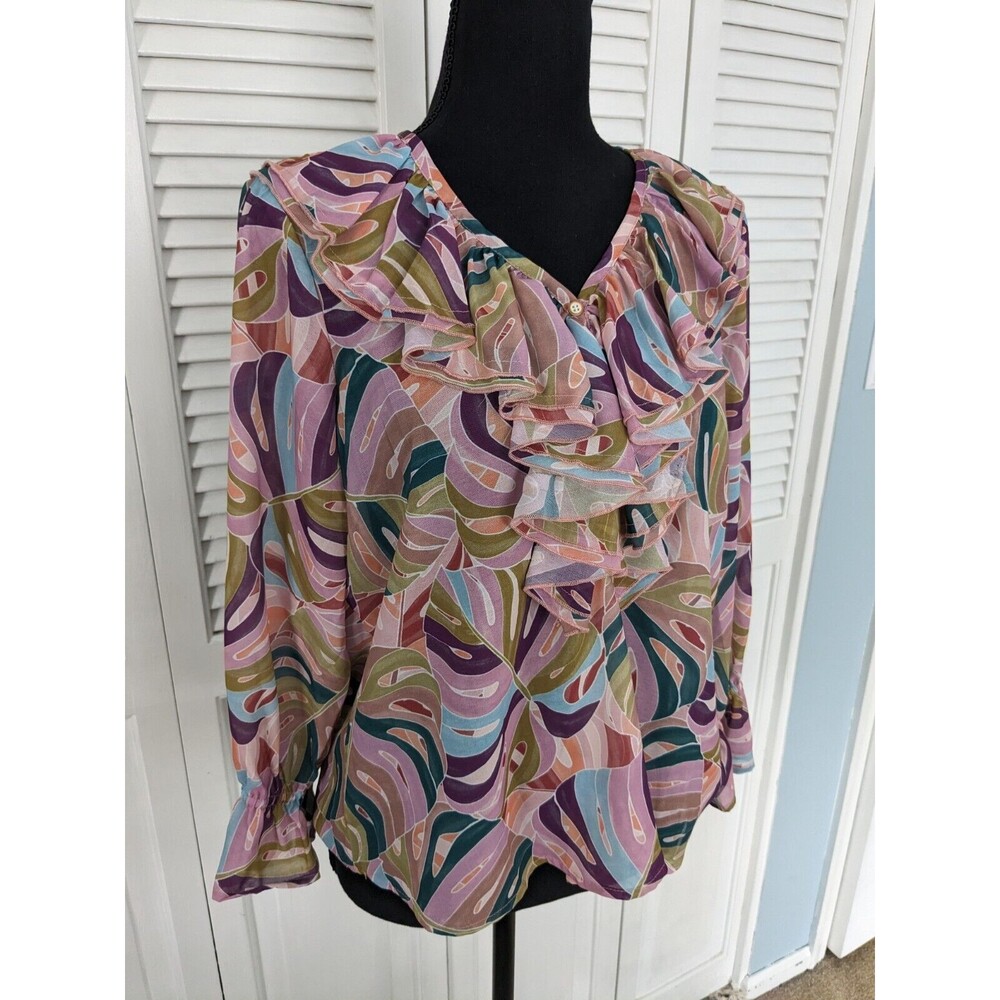 Democracy Blouse Women's S Multi Cascade Ruffle Botanical Top Art to Wear Artsy